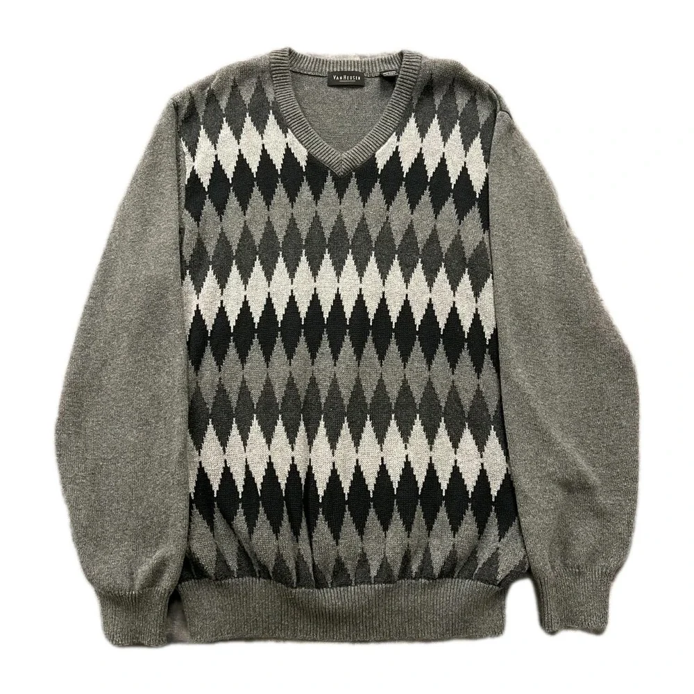 Van Heusen Sweater Mens XL Multi Argyle Tight Knit Rib Hem & Cuff Stretch Winter